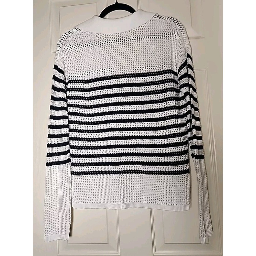 GAP Womens XS Relaxed Stripe White and Blue Crochet Collared Sweater Nautical - Picture 4 of 6